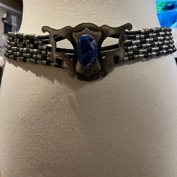 Vintage A.C. Gypsy lapis with corded silver tone beaded statement belt - Picture 2 of 15